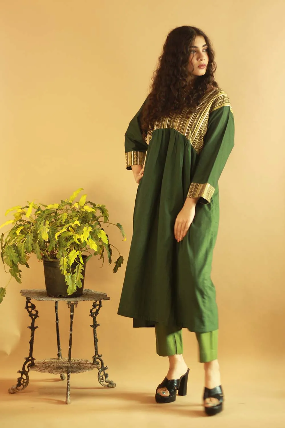 Gathered Yoke Boho Kurta - Green