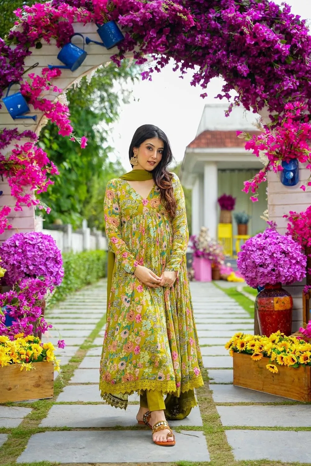 Georgette Lace Work Printed flared Kurta Pant With Dupatta Set