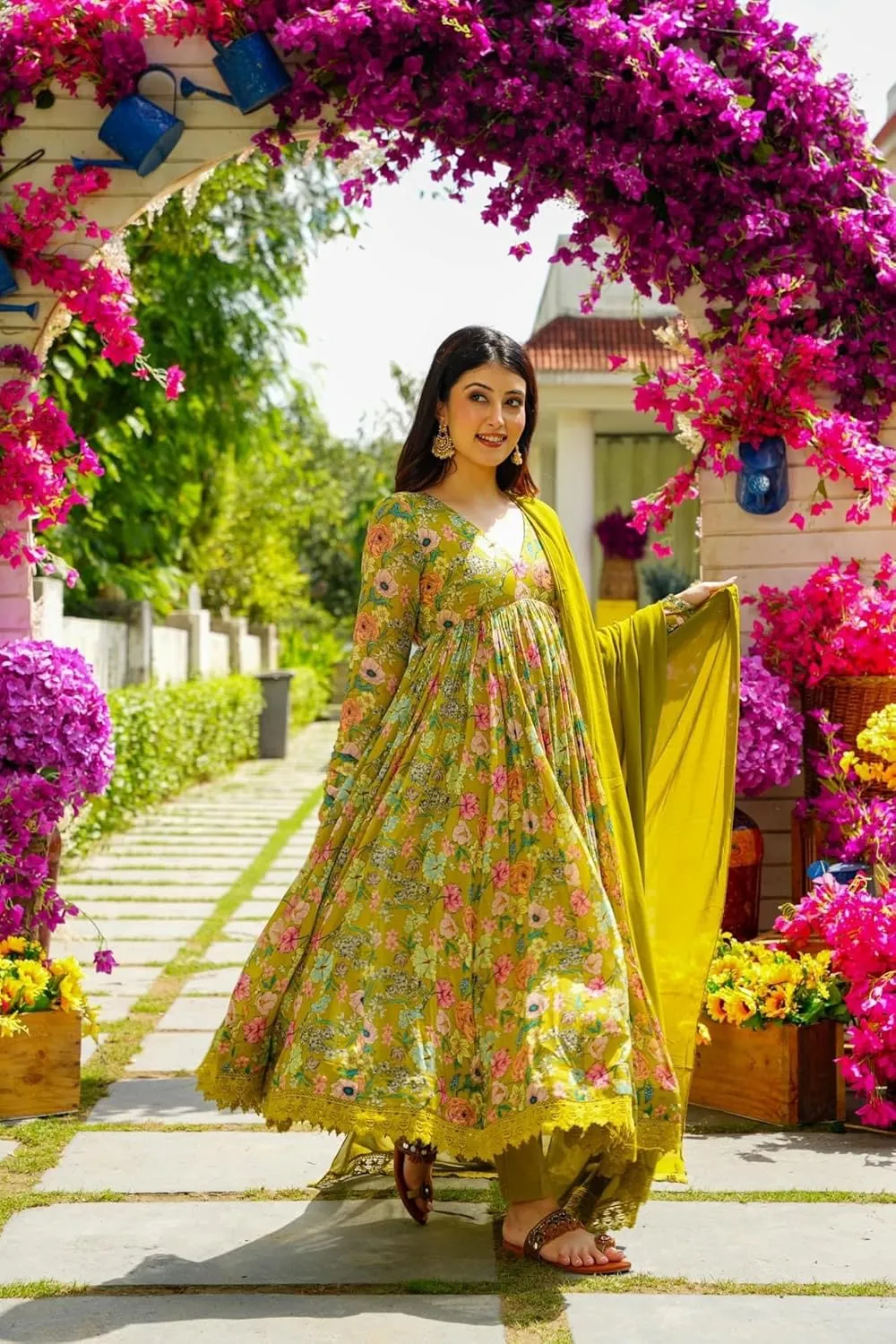 Georgette Lace Work Printed flared Kurta Pant With Dupatta Set