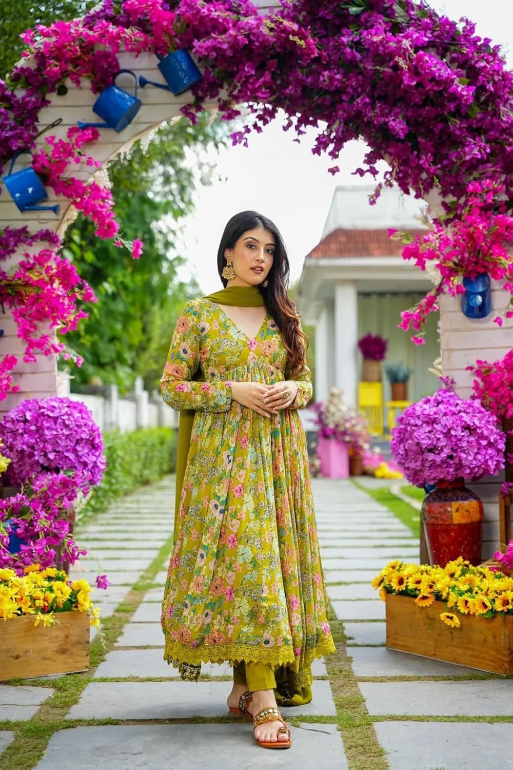 Georgette Lace Work Printed flared Kurta Pant With Dupatta Set
