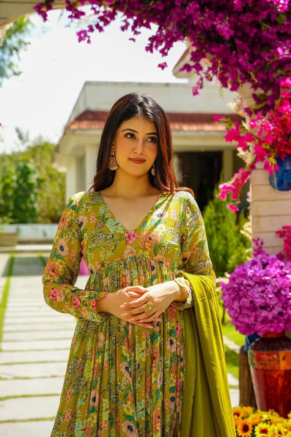 Georgette Lace Work Printed flared Kurta Pant With Dupatta Set