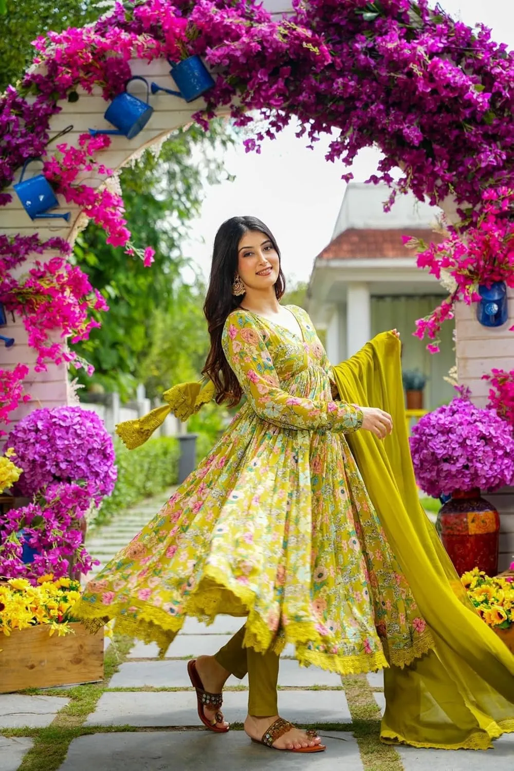 Georgette Lace Work Printed flared Kurta Pant With Dupatta Set