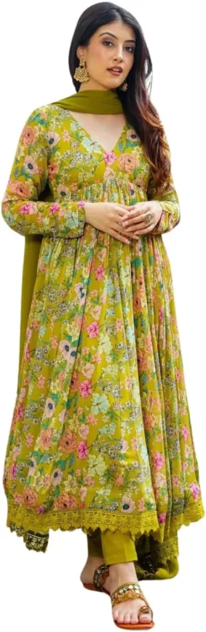 Georgette Lace Work Printed flared Kurta Pant With Dupatta Set