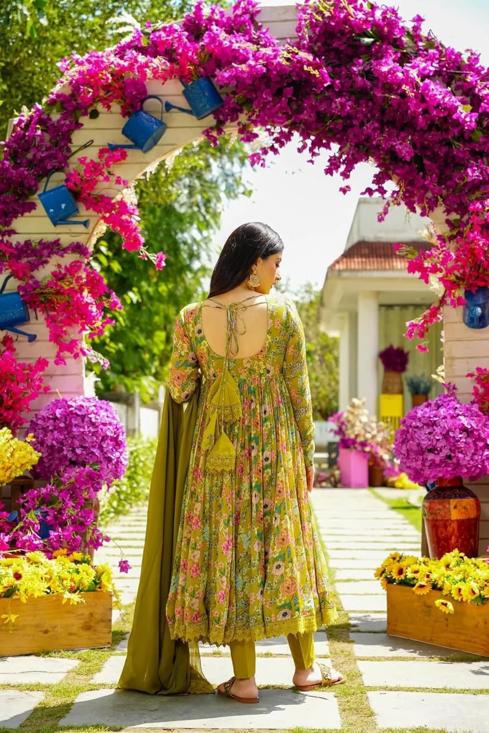 Georgette Lace Work Printed flared Kurta Pant With Dupatta Set