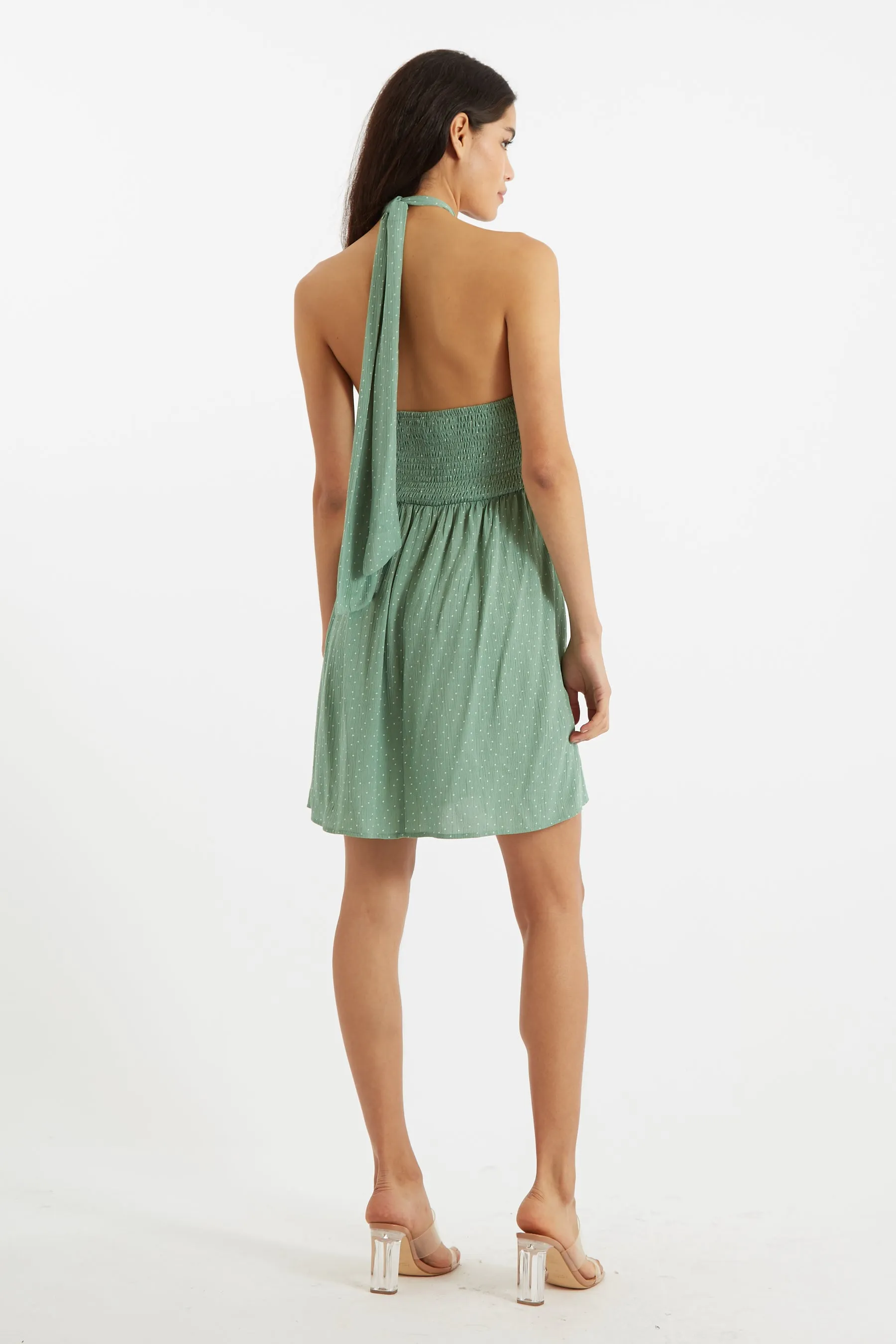 Geri Petite Dot Green Halter Neck Mini Dress