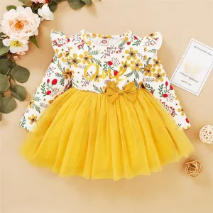 Girl Floral Printed Ruffled Bow Decor Mesh Dress Wholesale Girl Dresses