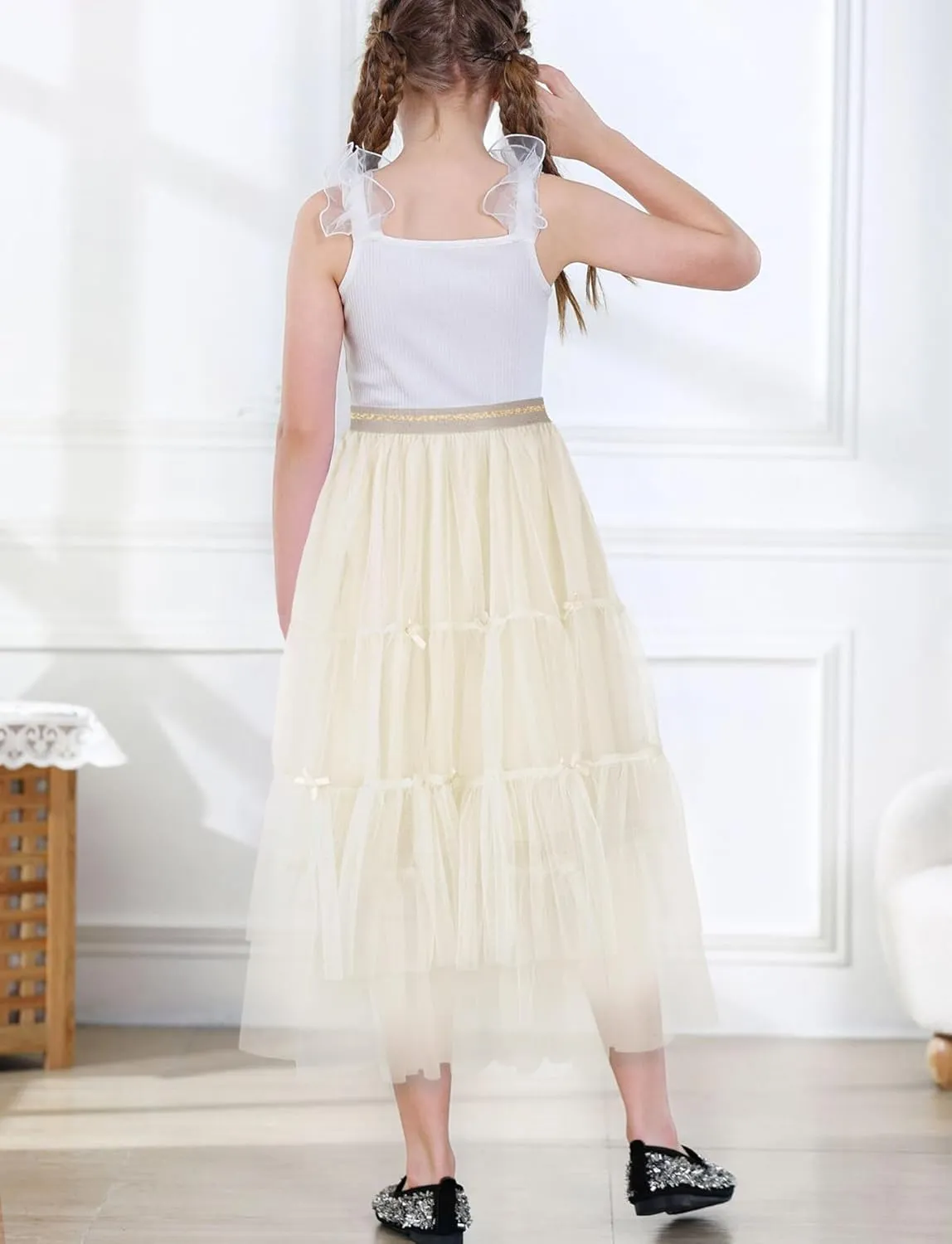 Girls Tulle Skirts Midi Elastic High Waist Pleated Mesh Flowy A-Line Party Long Tutu Skirts