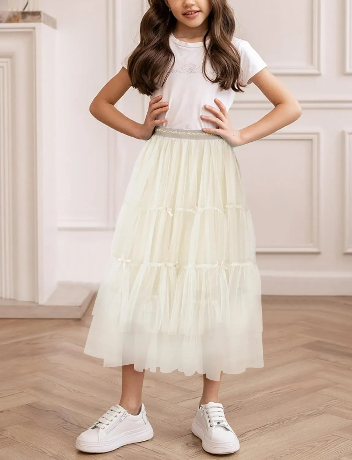 Girls Tulle Skirts Midi Elastic High Waist Pleated Mesh Flowy A-Line Party Long Tutu Skirts