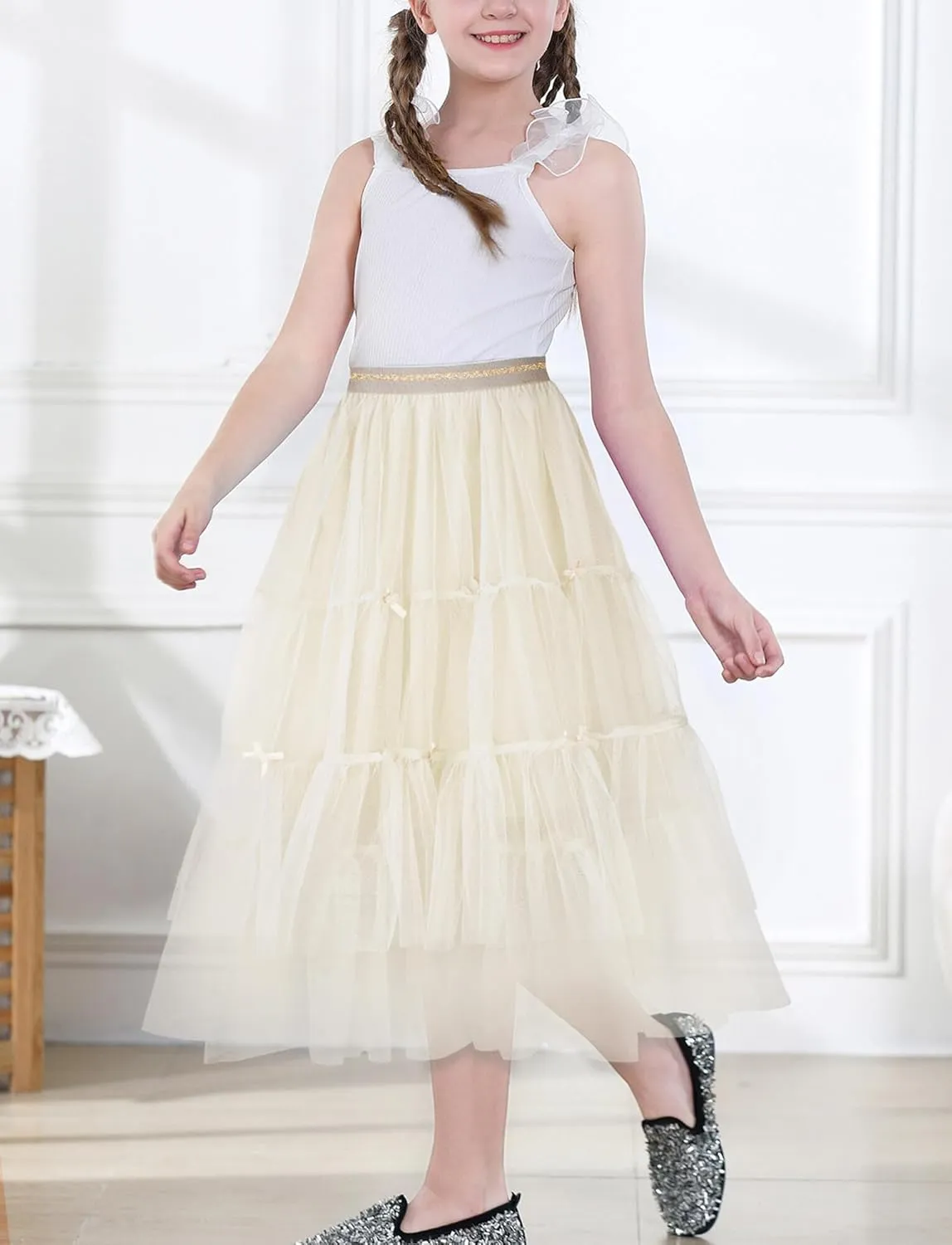 Girls Tulle Skirts Midi Elastic High Waist Pleated Mesh Flowy A-Line Party Long Tutu Skirts