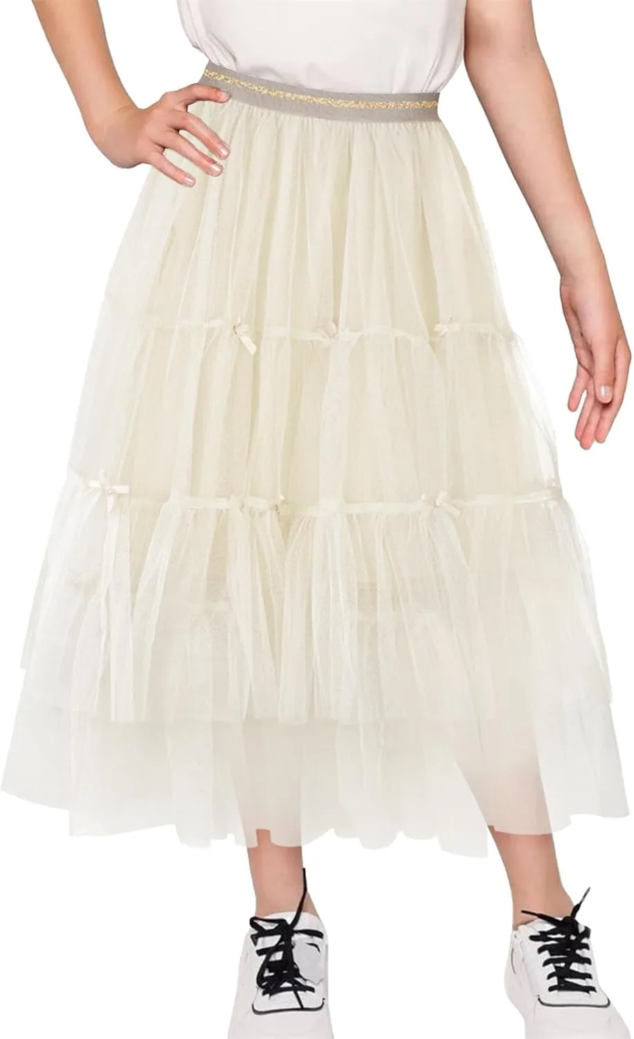 Girls Tulle Skirts Midi Elastic High Waist Pleated Mesh Flowy A-Line Party Long Tutu Skirts