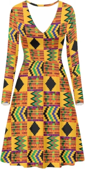 GLUDEAR Women's Van Gogh Painting 3D Print Long Sleeve V-Neck Ruffle Swing Dress