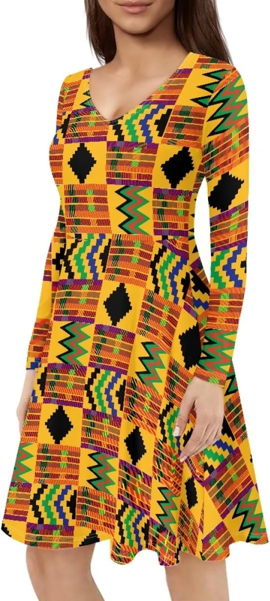 GLUDEAR Women's Van Gogh Painting 3D Print Long Sleeve V-Neck Ruffle Swing Dress