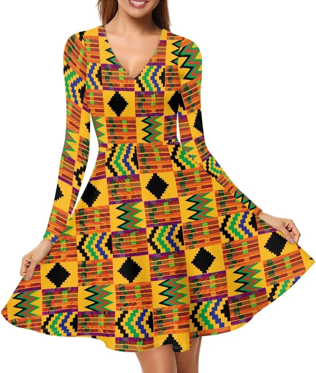 GLUDEAR Women's Van Gogh Painting 3D Print Long Sleeve V-Neck Ruffle Swing Dress