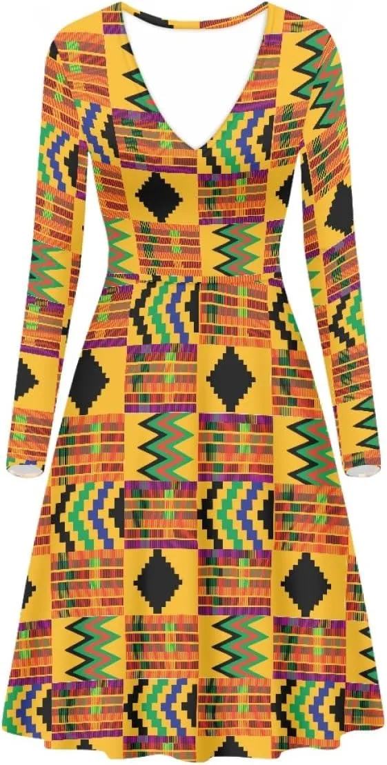 GLUDEAR Women's Van Gogh Painting 3D Print Long Sleeve V-Neck Ruffle Swing Dress