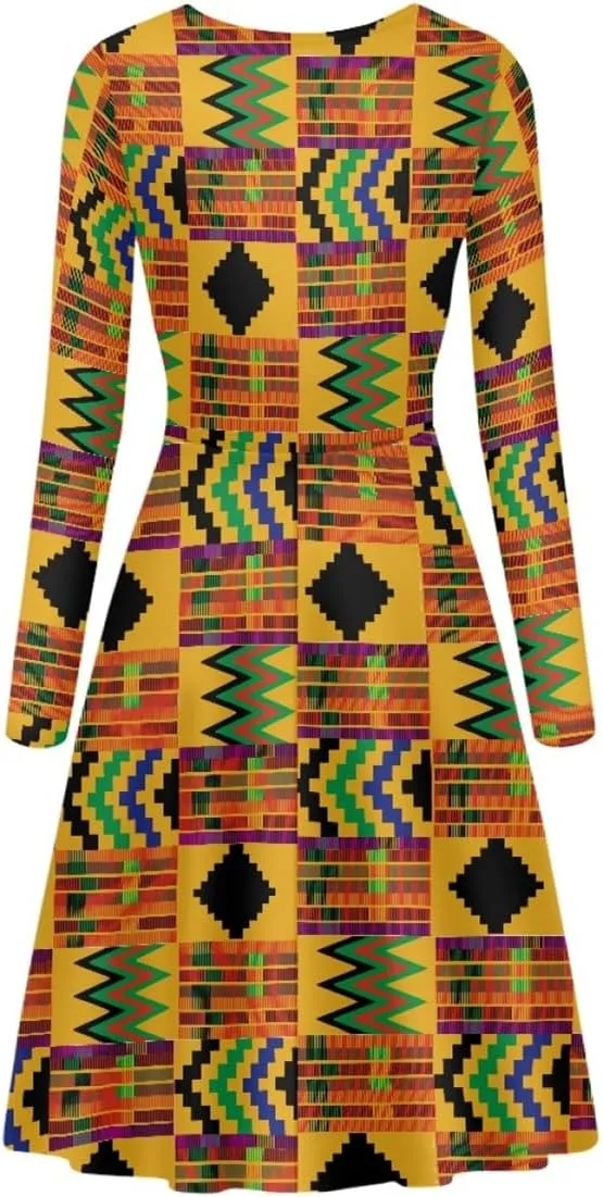 GLUDEAR Women's Van Gogh Painting 3D Print Long Sleeve V-Neck Ruffle Swing Dress