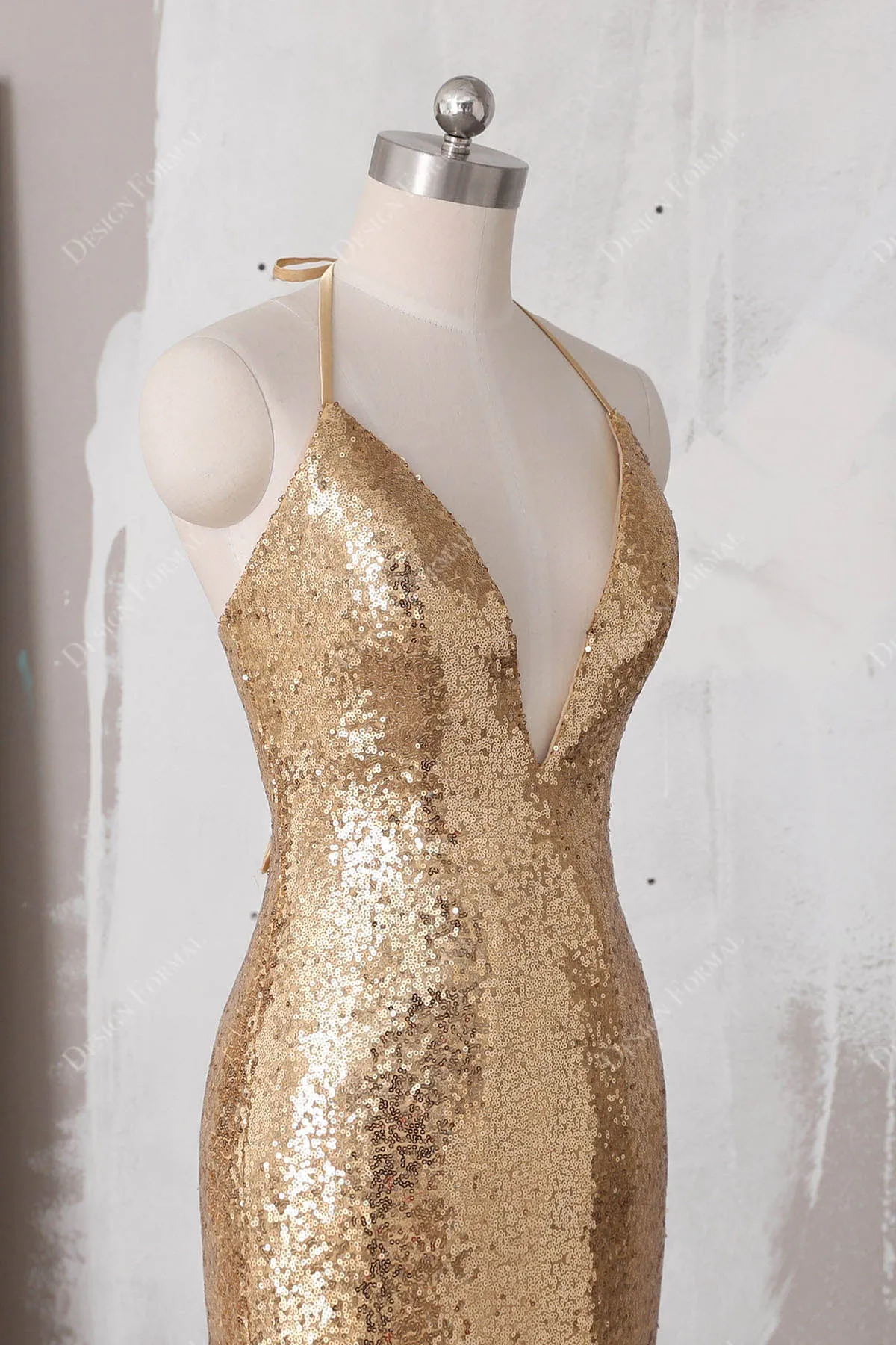 Gold Halter Neck Thin strap Mermaid Sequin Simple Long Dress