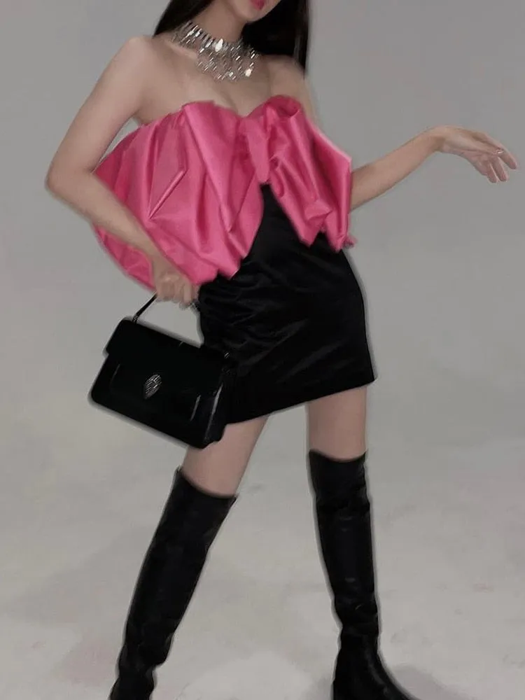 Grace in Paris-Bow Spliced Strapless Mini Dres