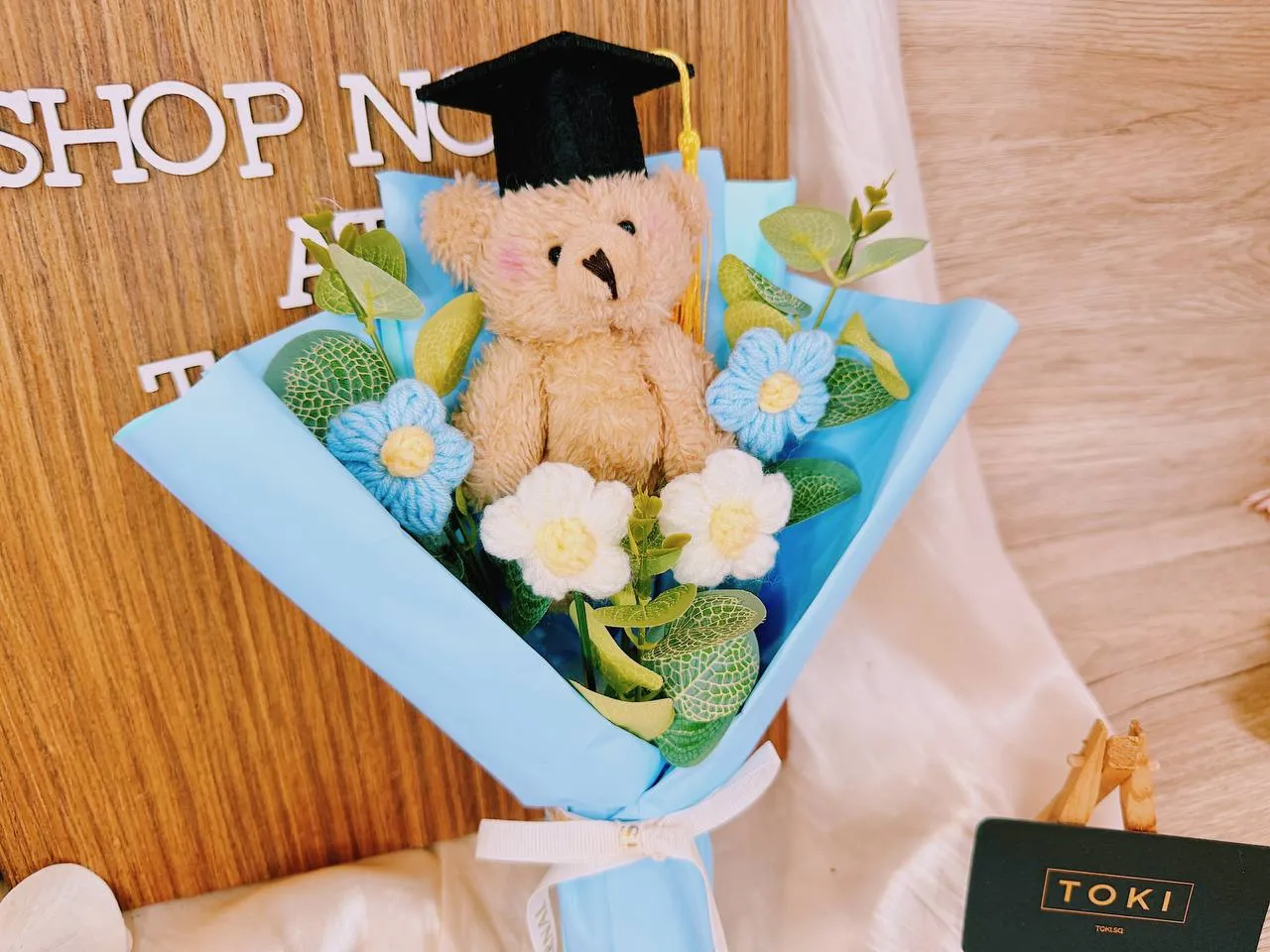 Graduation Bear with Small Flowers - Blue