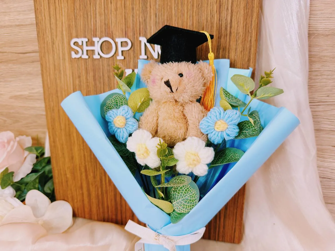 Graduation Bear with Small Flowers - Blue