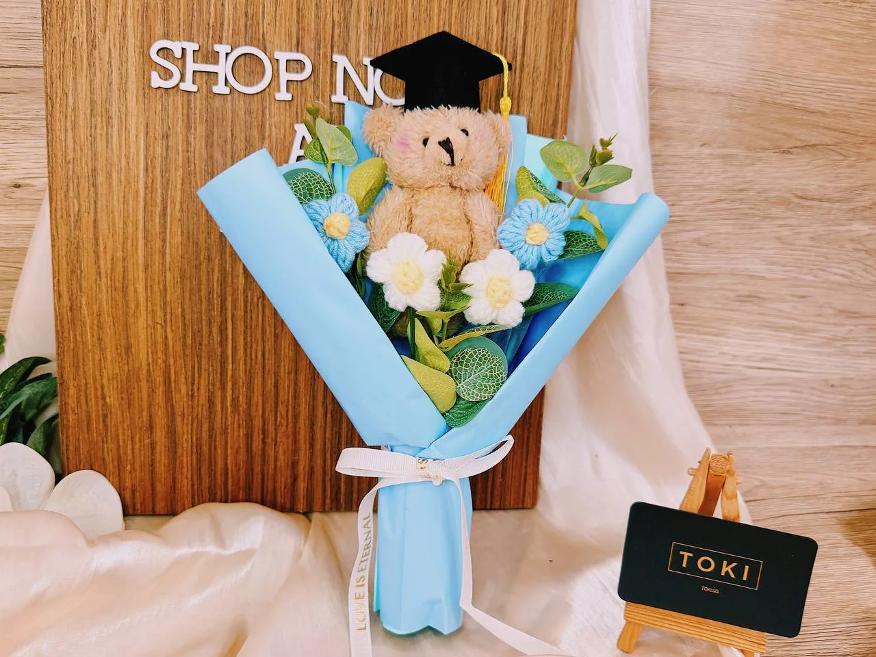 Graduation Bear with Small Flowers - Blue