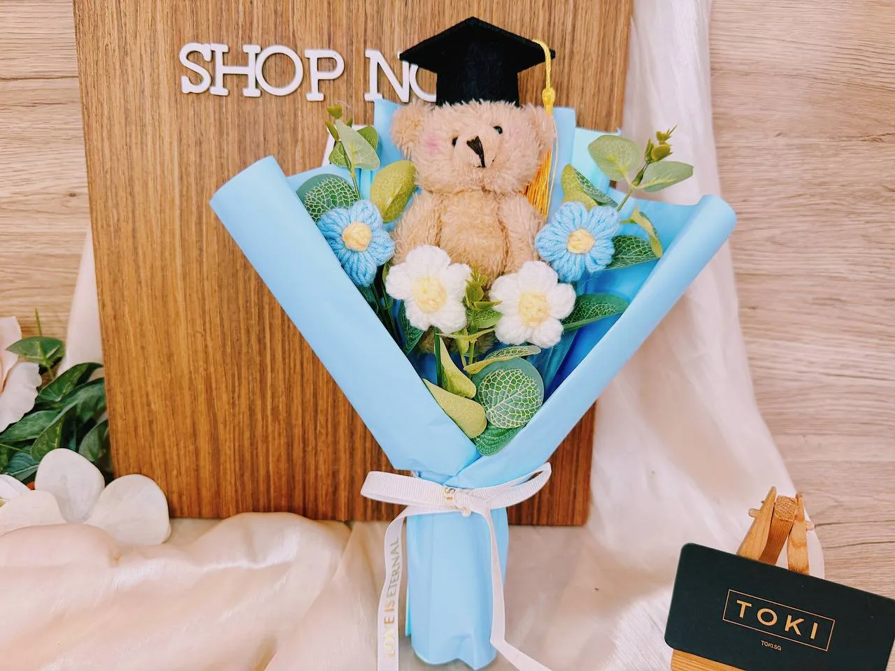 Graduation Bear with Small Flowers - Blue
