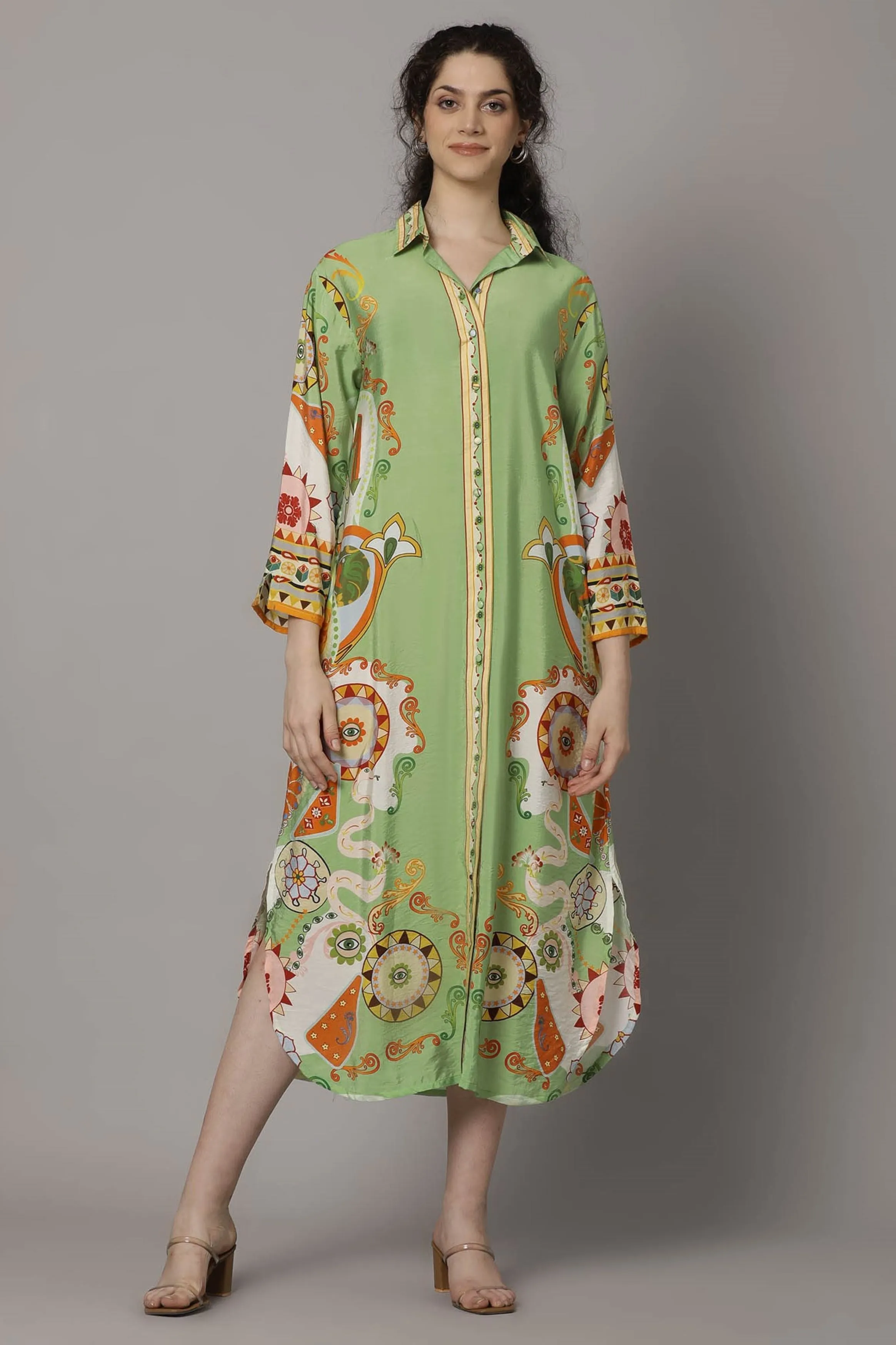 Green Digital Printed Premium Silk Dress