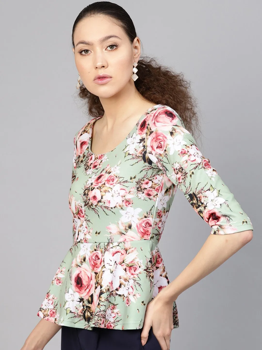 Green Floral Peplum Top