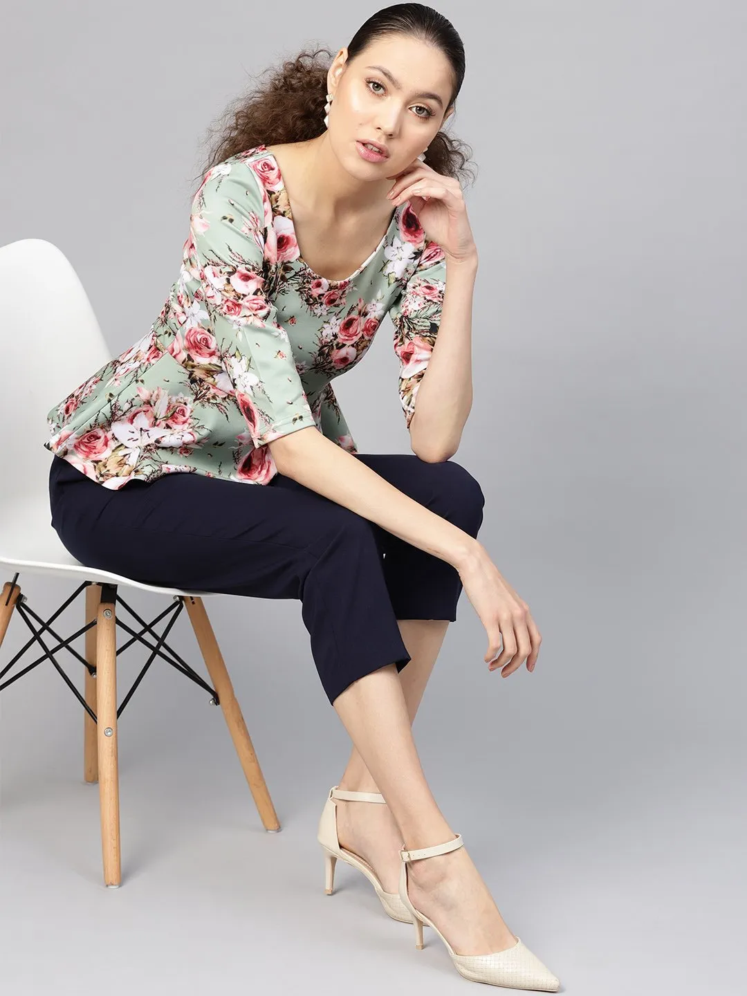 Green Floral Peplum Top