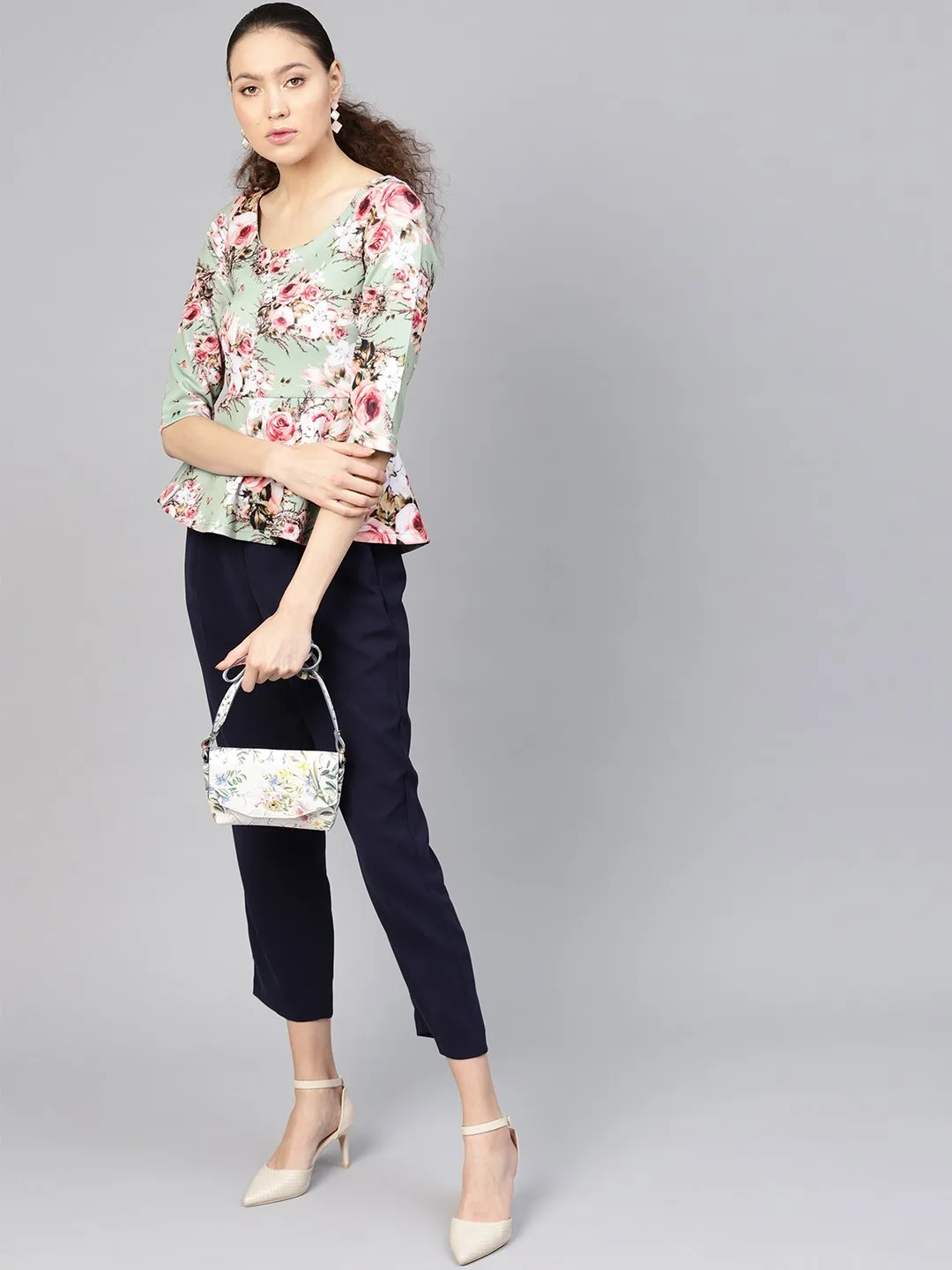 Green Floral Peplum Top