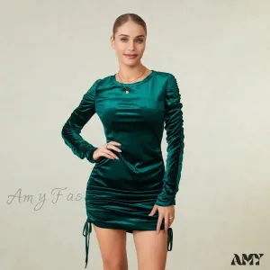 Green Velvet Bodycon Mini Dress with Long Sleejsons and Drawstring