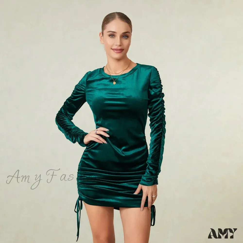 Green Velvet Bodycon Mini Dress with Long Sleejsons and Drawstring