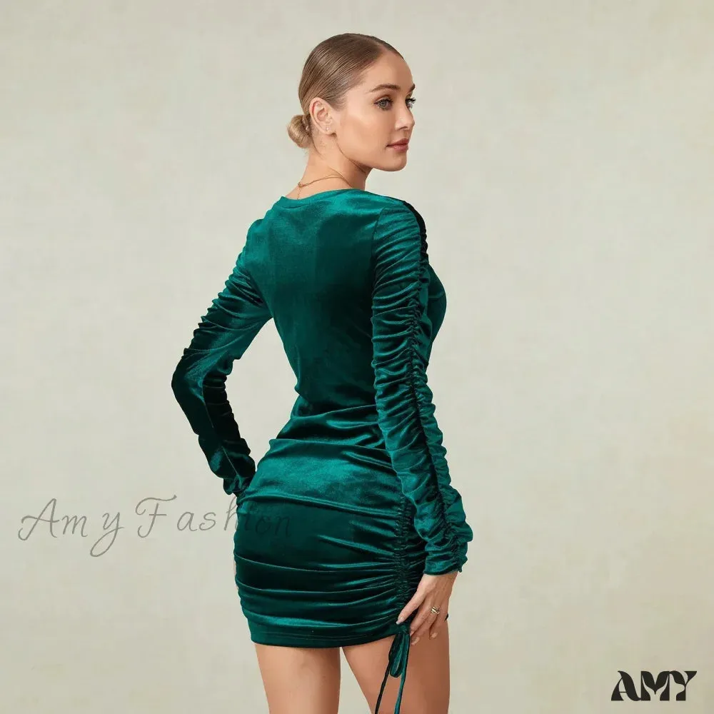 Green Velvet Bodycon Mini Dress with Long Sleejsons and Drawstring
