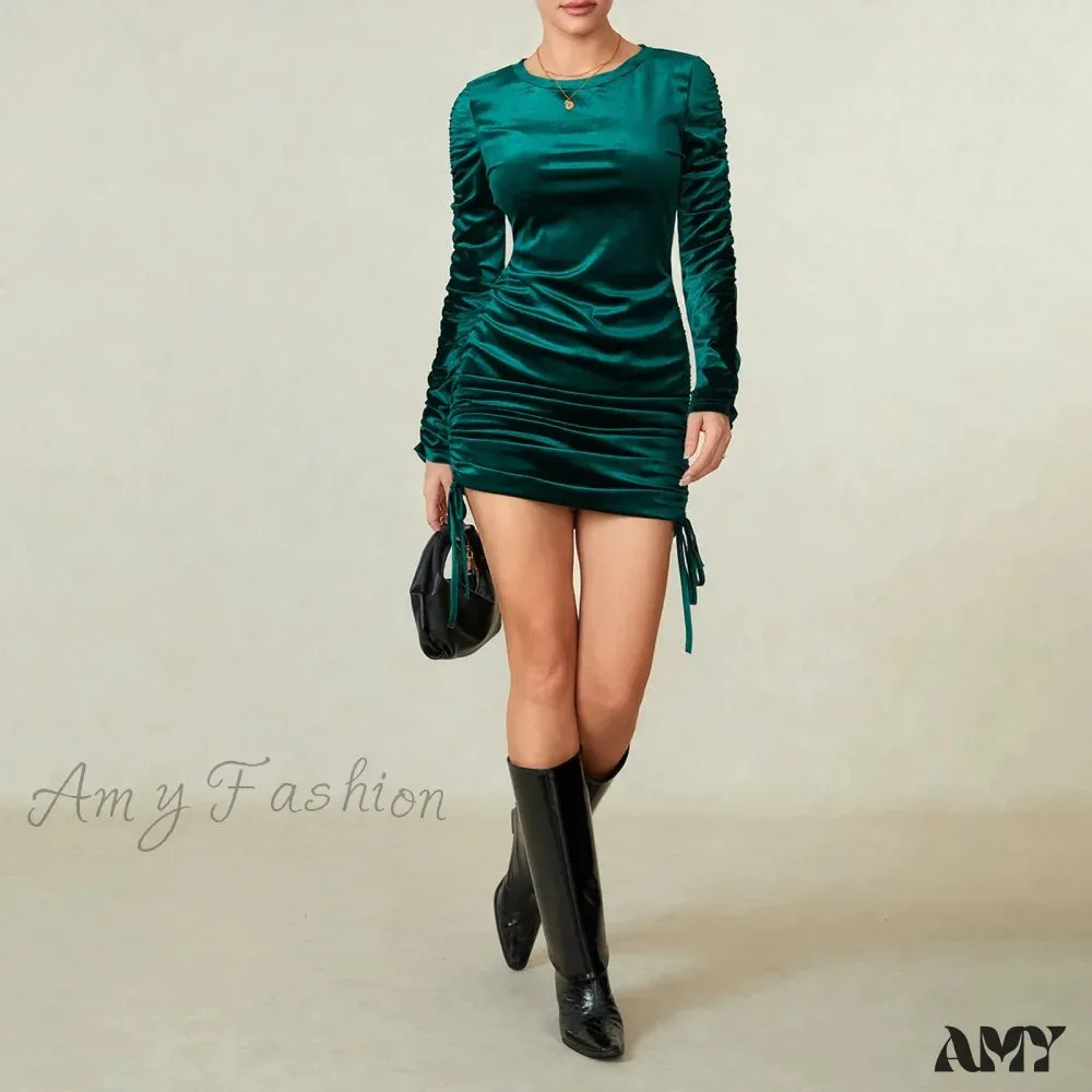 Green Velvet Bodycon Mini Dress with Long Sleejsons and Drawstring