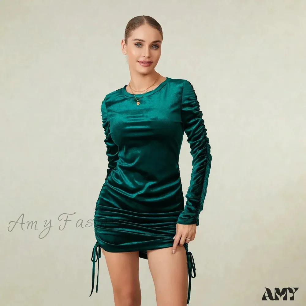 Green Velvet Bodycon Mini Dress with Long Sleejsons and Drawstring