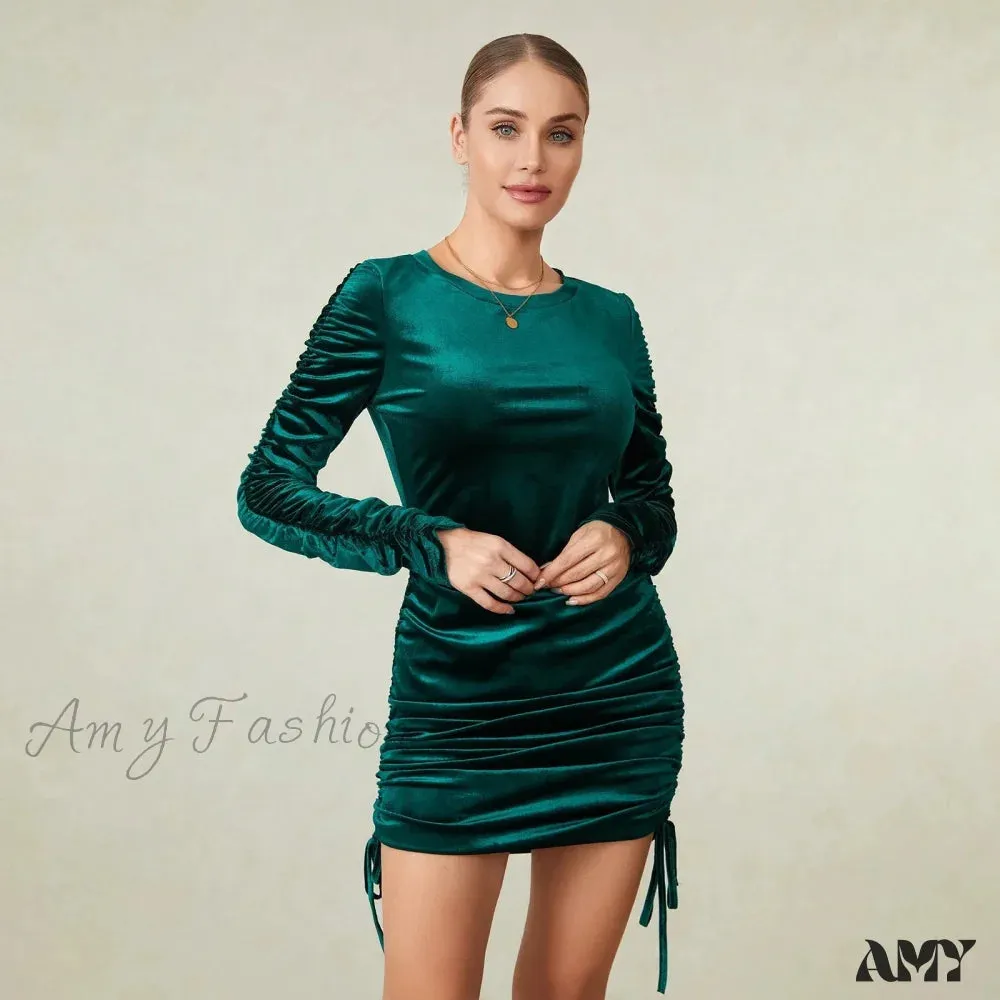 Green Velvet Bodycon Mini Dress with Long Sleejsons and Drawstring