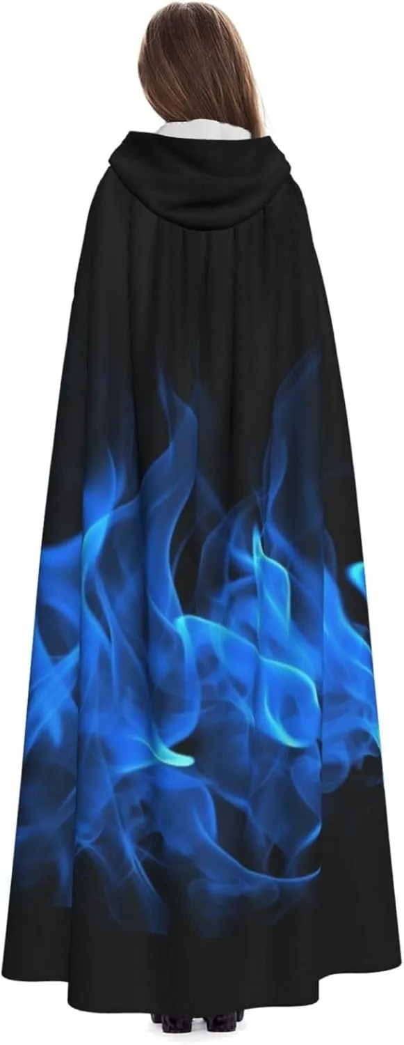 Halloween Hooded Cloak Cape Blue Flame Adult Vampire Witch Cape for Halloween Cosplay Costumes