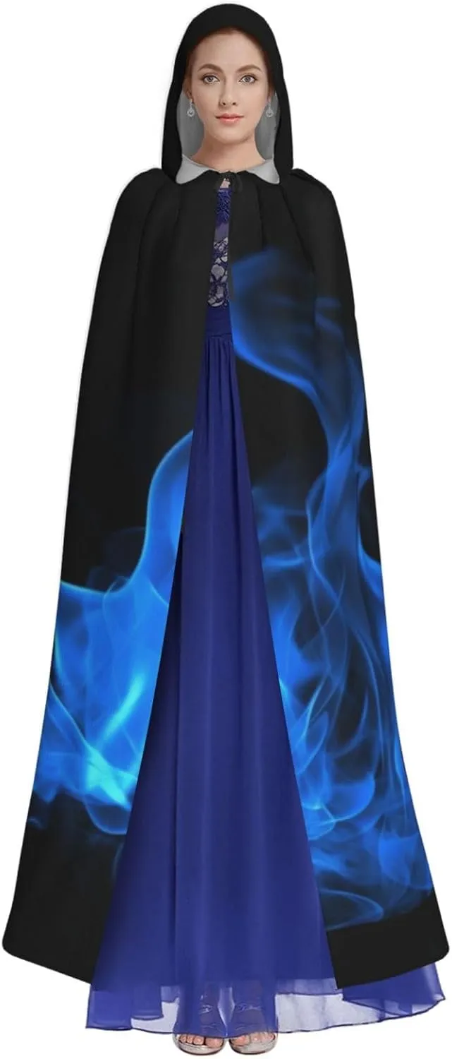 Halloween Hooded Cloak Cape Blue Flame Adult Vampire Witch Cape for Halloween Cosplay Costumes