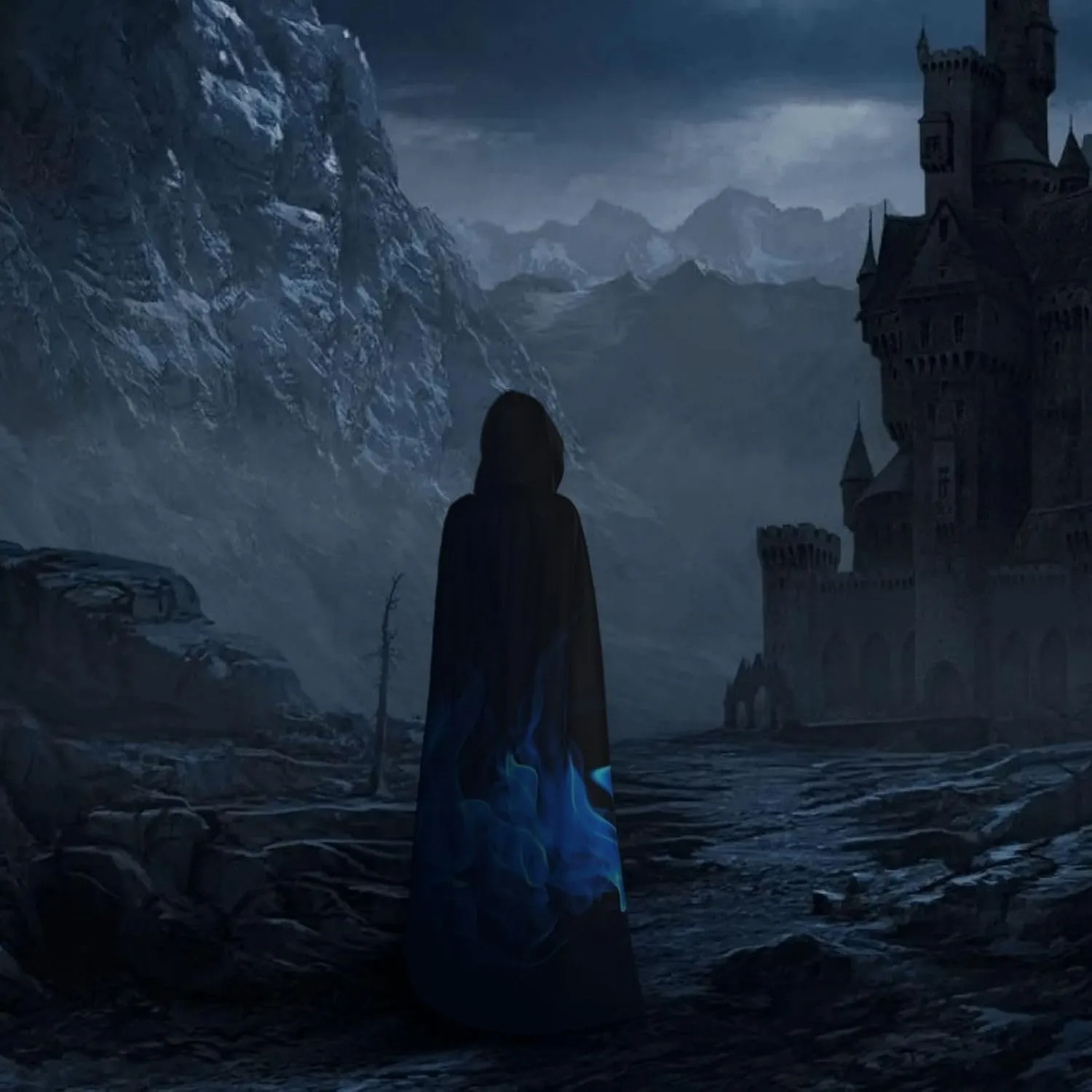 Halloween Hooded Cloak Cape Blue Flame Adult Vampire Witch Cape for Halloween Cosplay Costumes