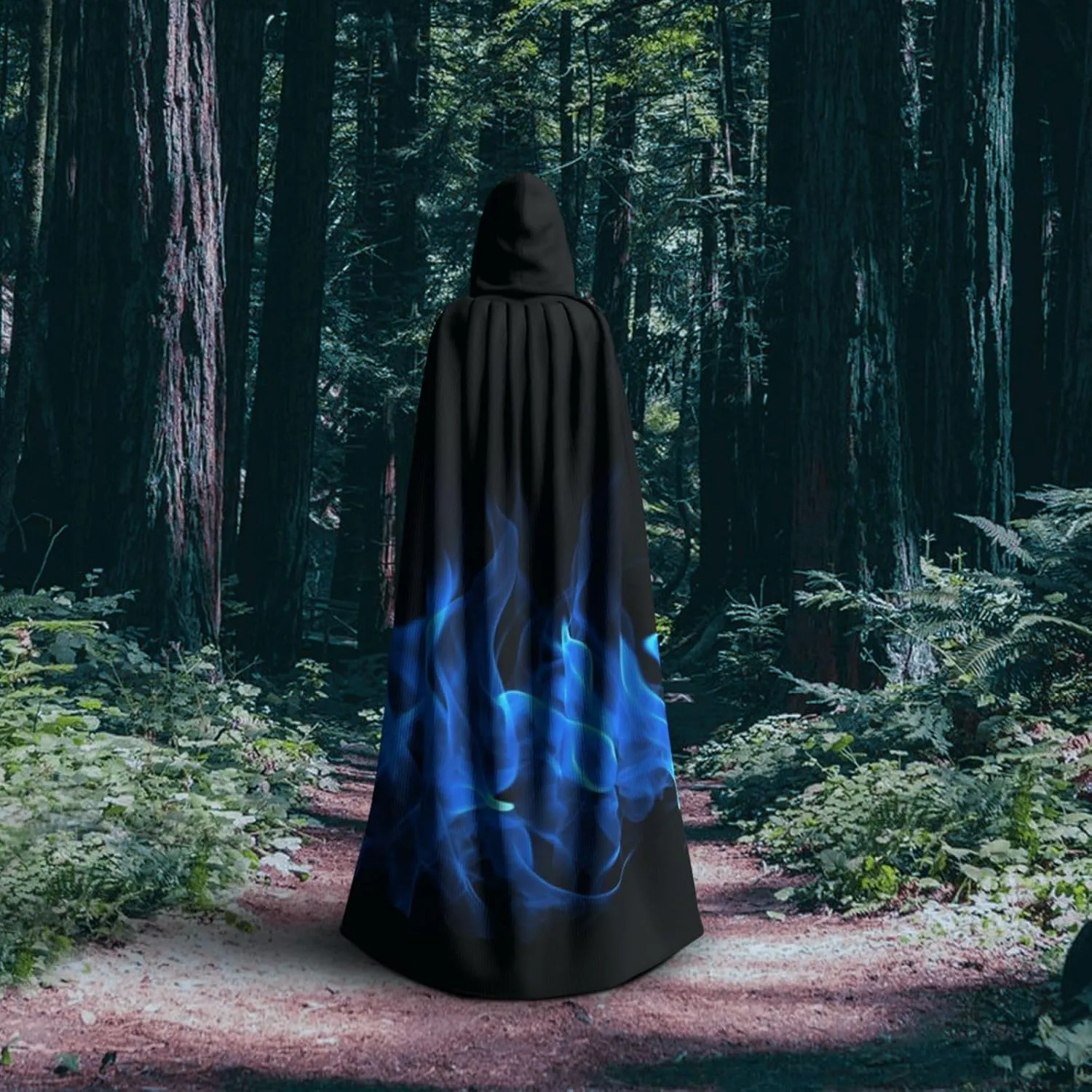 Halloween Hooded Cloak Cape Blue Flame Adult Vampire Witch Cape for Halloween Cosplay Costumes