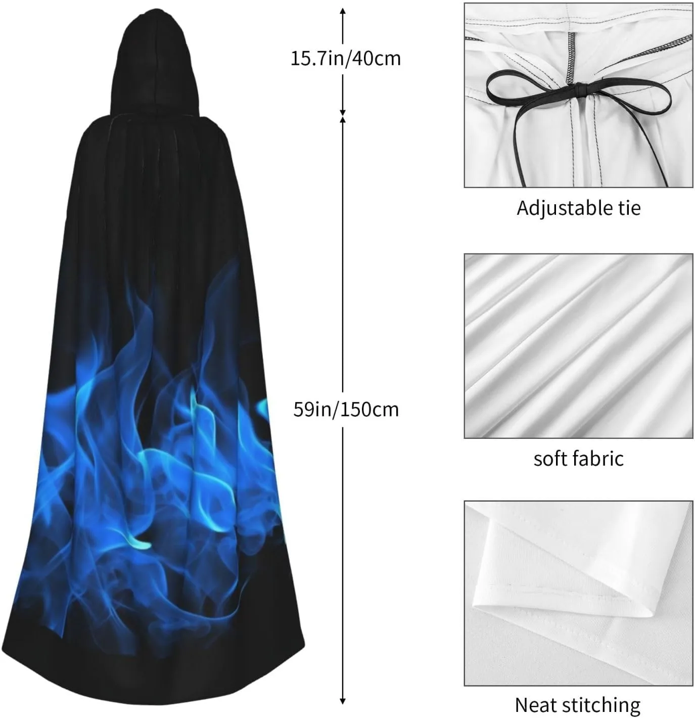 Halloween Hooded Cloak Cape Blue Flame Adult Vampire Witch Cape for Halloween Cosplay Costumes