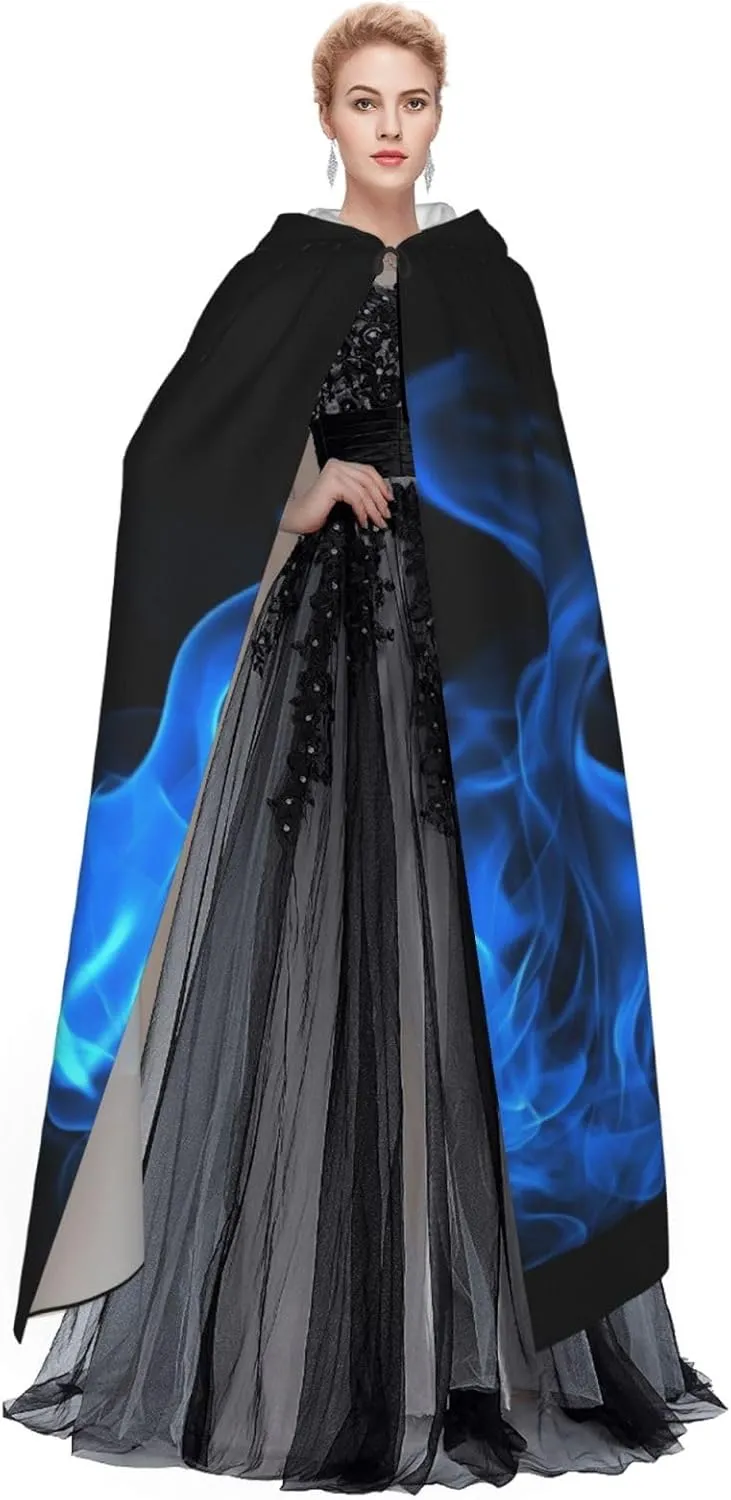 Halloween Hooded Cloak Cape Blue Flame Adult Vampire Witch Cape for Halloween Cosplay Costumes