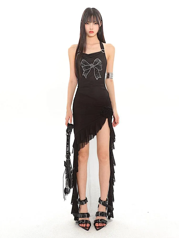 Halter Neck Long Back Frilled Hem Dress