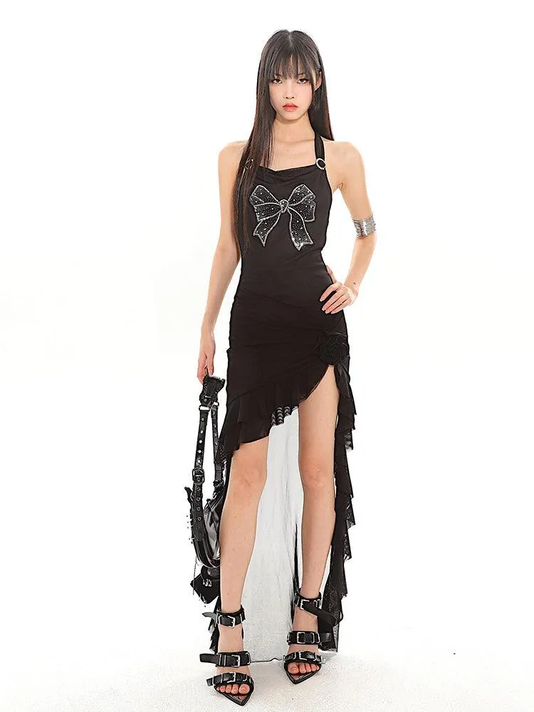 Halter Neck Long Back Frilled Hem Dress