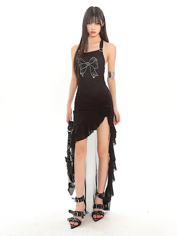 Halter Neck Long Back Frilled Hem Dress