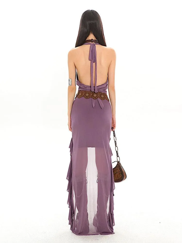 Halter Neck Long Back Frilled Hem Dress