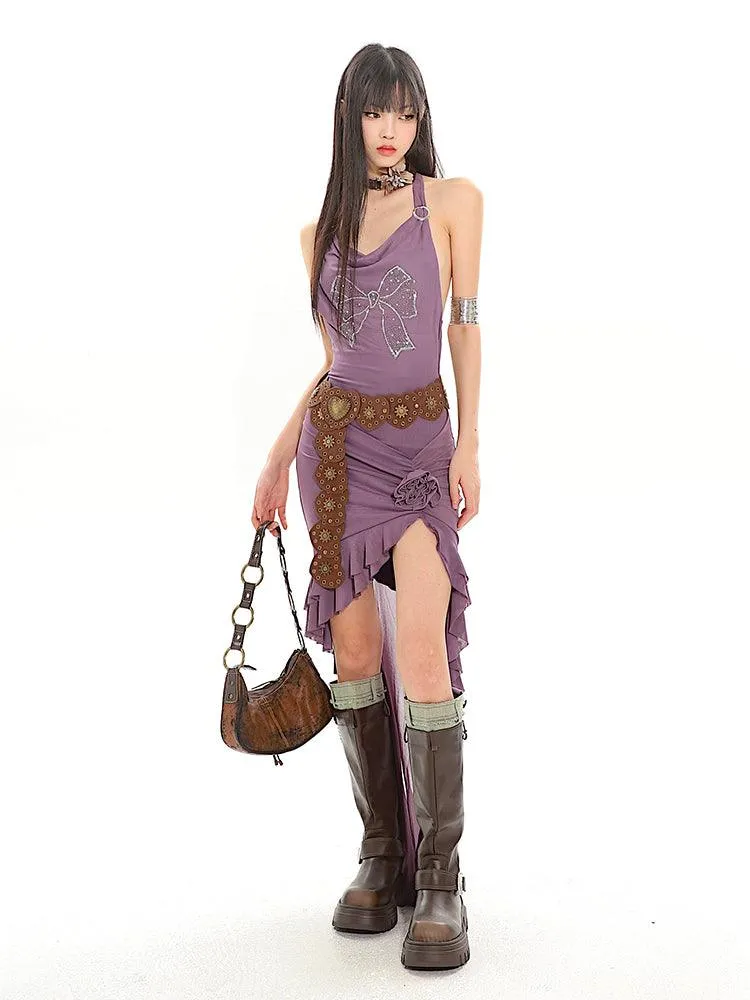 Halter Neck Long Back Frilled Hem Dress