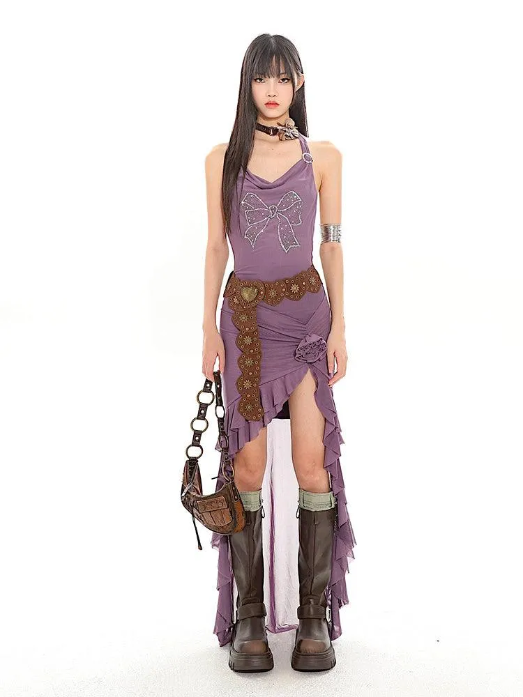 Halter Neck Long Back Frilled Hem Dress