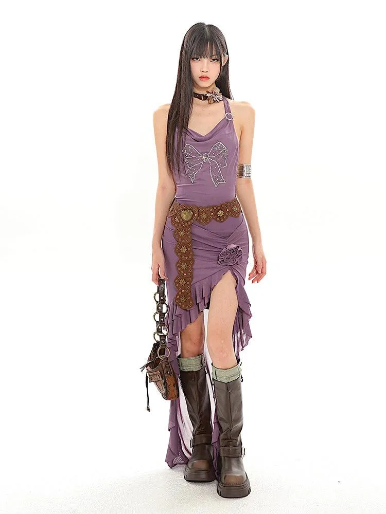 Halter Neck Long Back Frilled Hem Dress