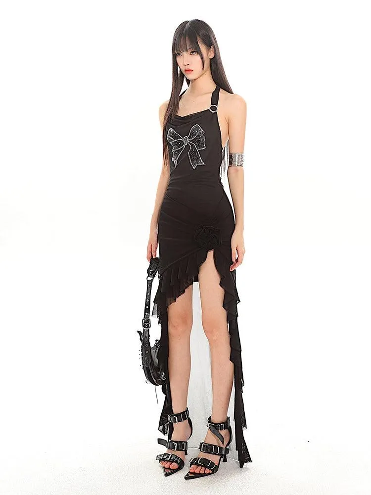 Halter Neck Long Back Frilled Hem Dress
