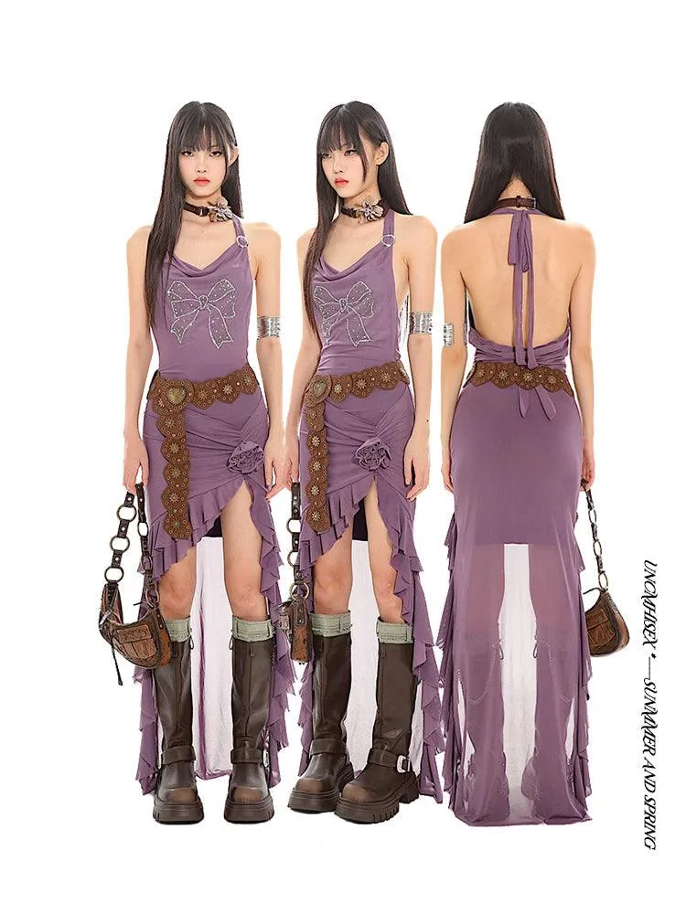 Halter Neck Long Back Frilled Hem Dress